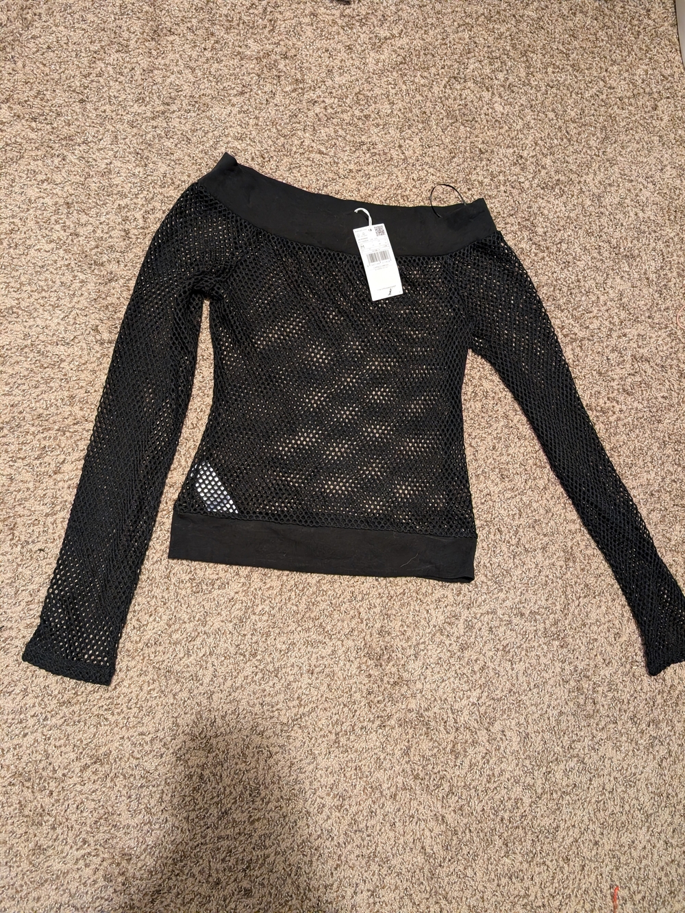 Mango Black Mesh Off-Shoulder Knit Sweater